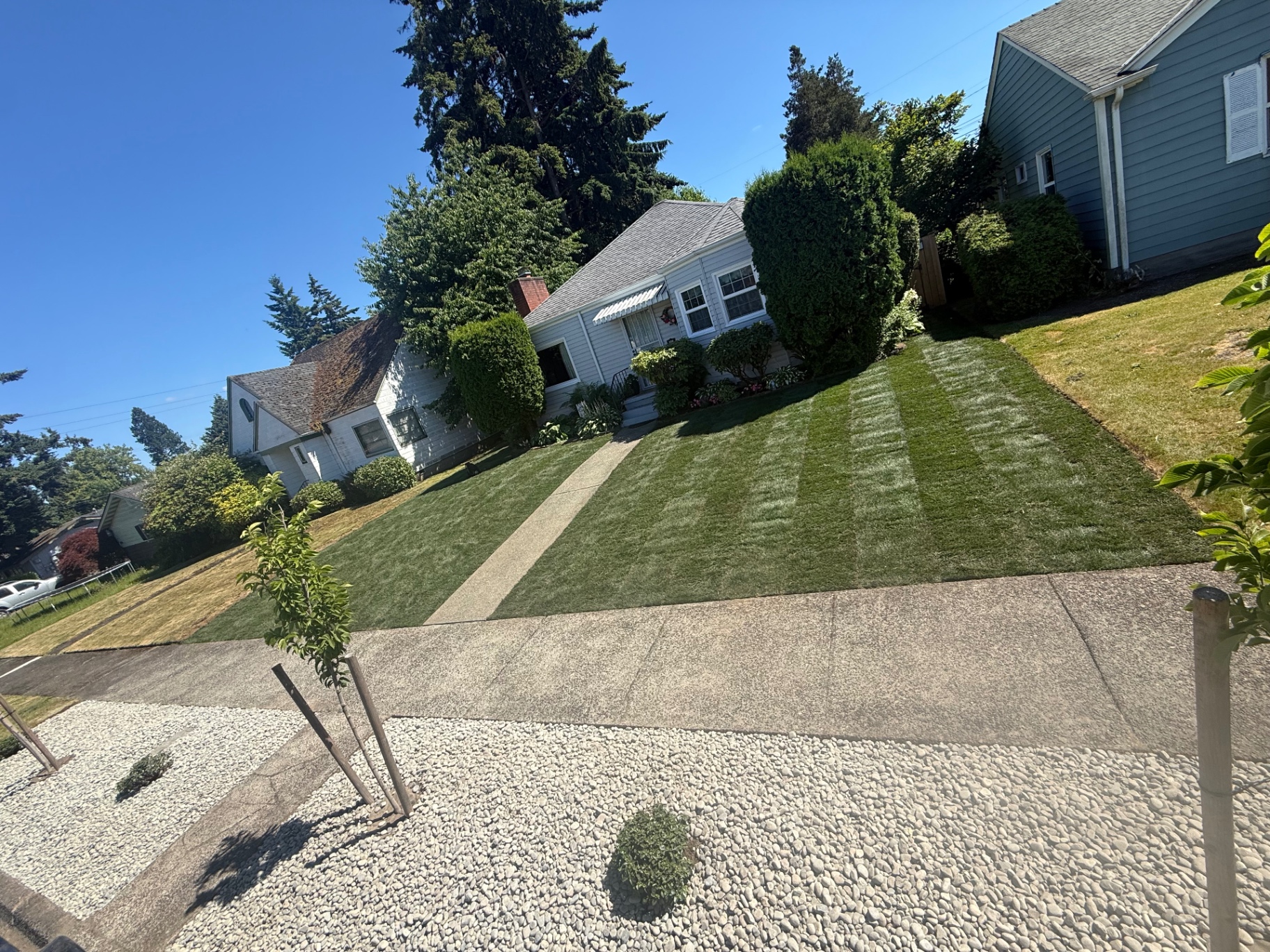 Front yard lawn maintenance with crisp mow stripes