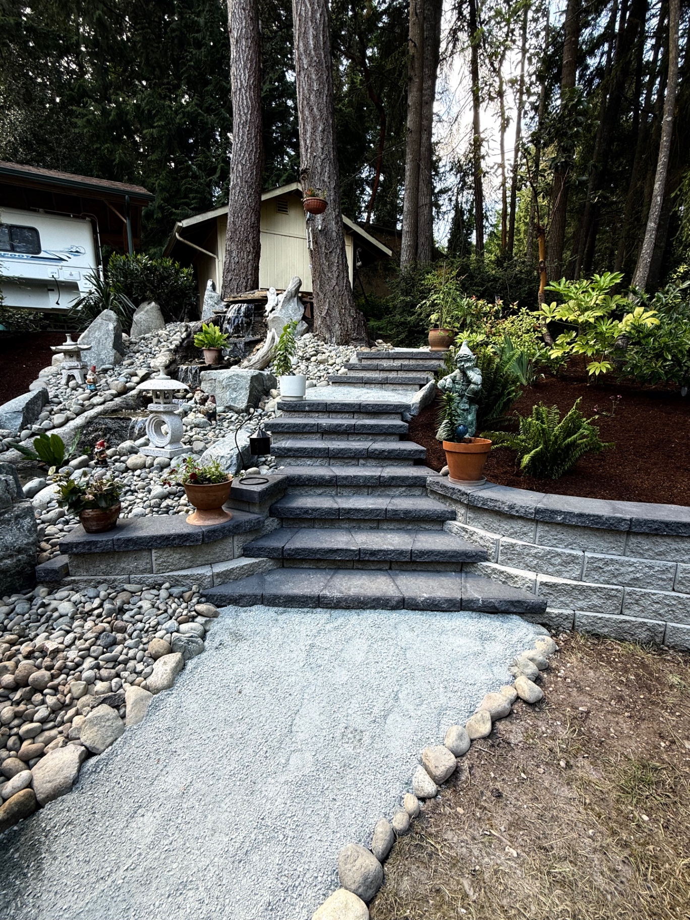 Japanese-inspired garden with waterfall, stone stairway and pathway